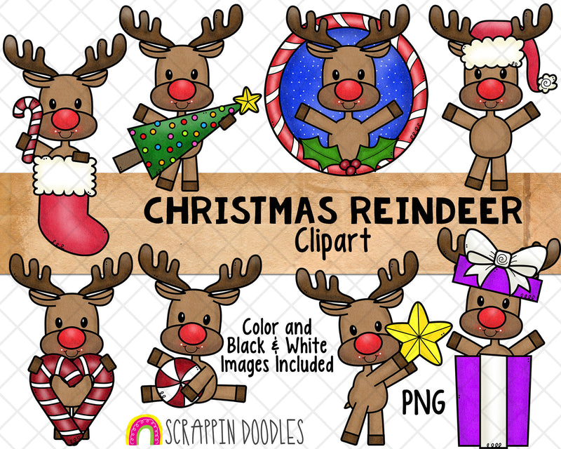 Christmas Reindeer Clip Art - Rudolph Red Nose Graphics - Santas Reindeer - Hand Drawn PNG