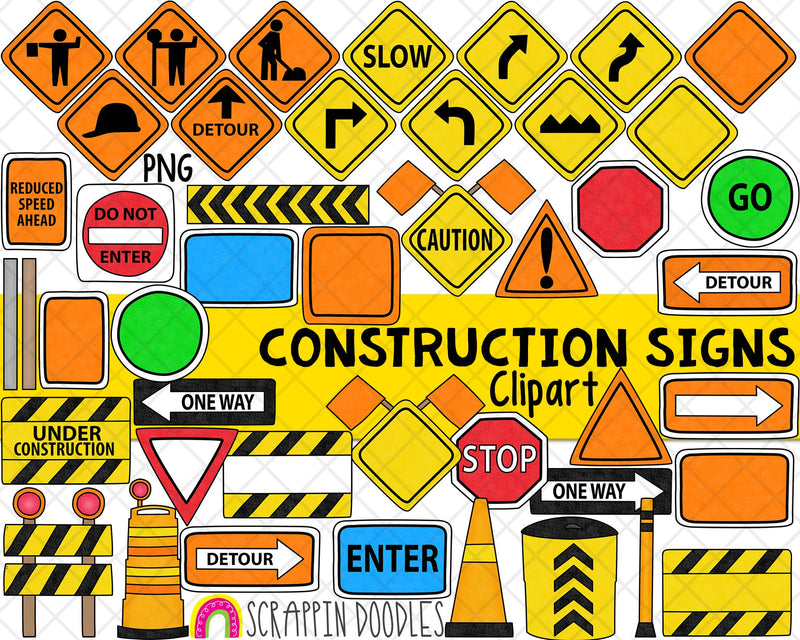 Construction Signs ClipArt - Road Work Sign - Traffic Cone - Construction Pylon - Detour Sign - Flagman - Commercial Use PNG Clip Art -------------------------------------------- Included:  - 1 ZIP file - 86 ClipArt images - (45 Color and 41 Black & White) - PNG Format - Commercial Use Allowed