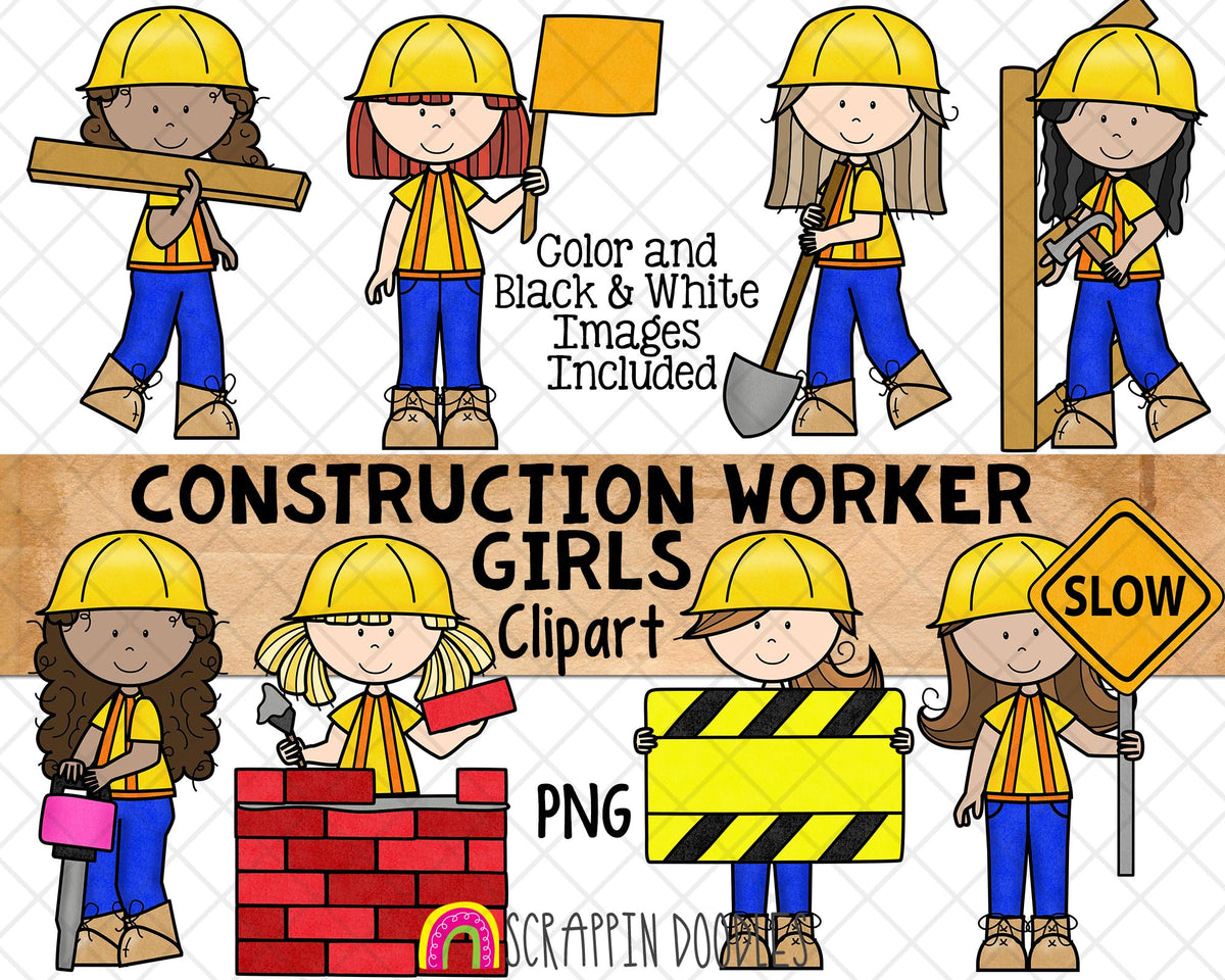 Construction Worker ClipArt - Girls Doing Construction - Brick Layer - Carpenter - Flag woman - Commercial Use PNG