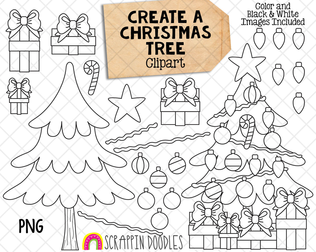 Create a Christmas Tree ClipArt- Christmas Lights and Bulbs - Christmas Tree Graphics - Presents - Hand Drawn PNG