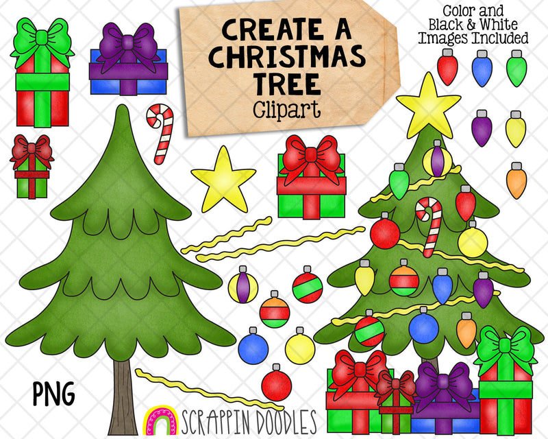 Create a Christmas Tree ClipArt- Christmas Lights and Bulbs - Christmas Tree Graphics - Presents - Hand Drawn PNG