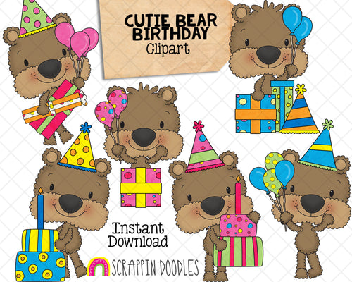 Cutie Bears Birthday Party Clip Art - Baby Brown Bear Graphics - Hand Drawn PNG