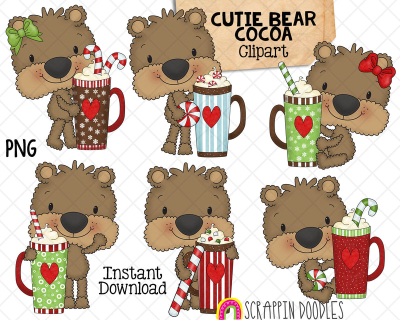 Cutie Bear Holding Hot Cocoa Cups Clip Art - Hand Drawn PNG