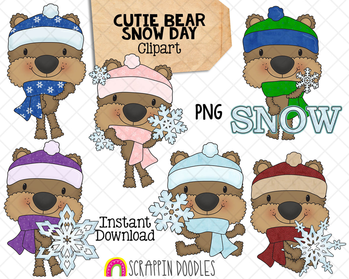 Cutie Bear Snow Flakes Clip Art - Hand Drawn PNG