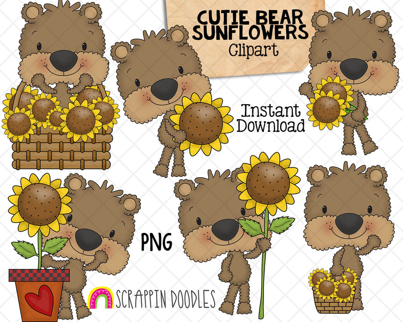 Cutie Bears Sunflowers Clip Art - Baby Brown Bear Graphics - Hand Drawn PNG