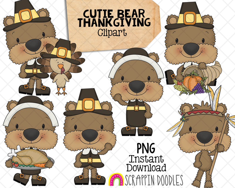 Cutie Bear Thanksgiving Clip Art - Hand Drawn PNG
