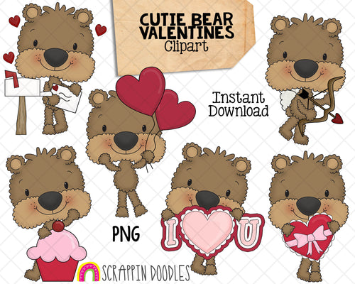 Cutie Bears Valentines Day Clip Art - Baby Brown Bear Graphics - Hand Drawn PNG