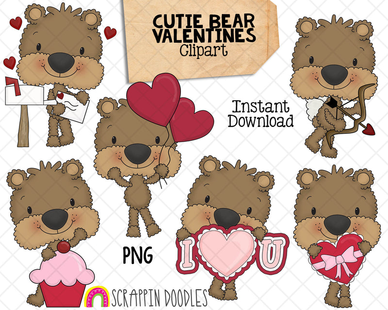 Cutie Bears Valentines Day Clip Art - Baby Brown Bear Graphics - Hand Drawn PNG