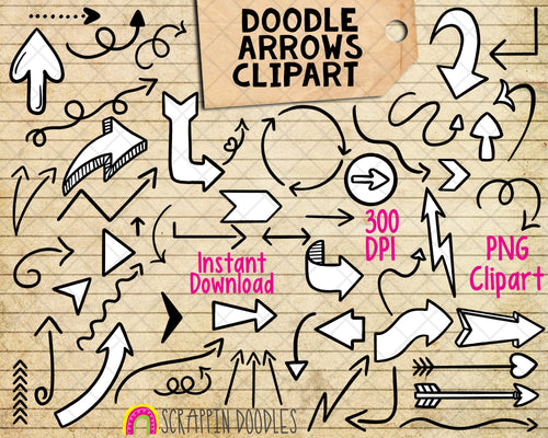 Doodle Arrows ClipArt - Hand Drawn Doodled Arrows - Commercial Use PNG