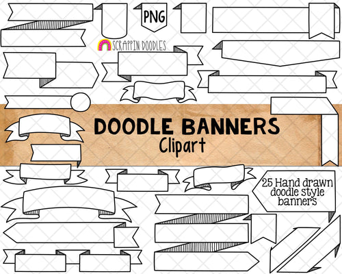 Doodle Banners ClipArt - Hand Doodled Ribbon Banner - Black & White Banner Graphics - Commercial Use PNG