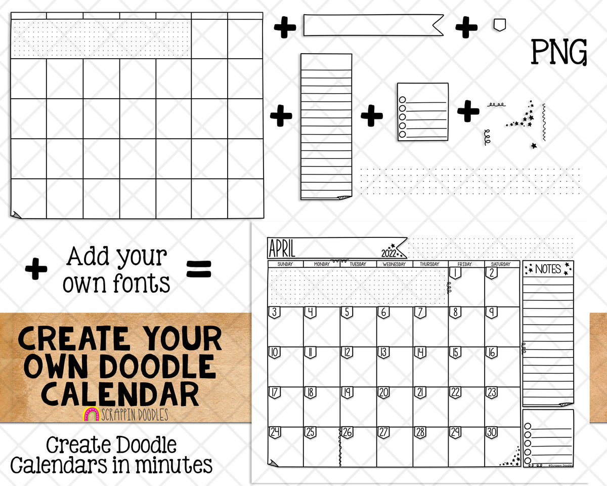 Doodle Calendar Templates - Create your own BUJO Doodle style Calendars - Commercial Use