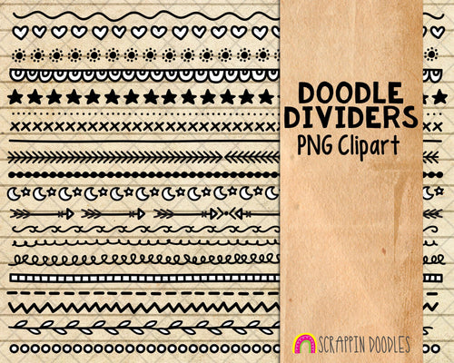Doodle Dividers ClipArt - Hand Doodled Borders - Black & White Divider Graphics - Commercial Use PNG