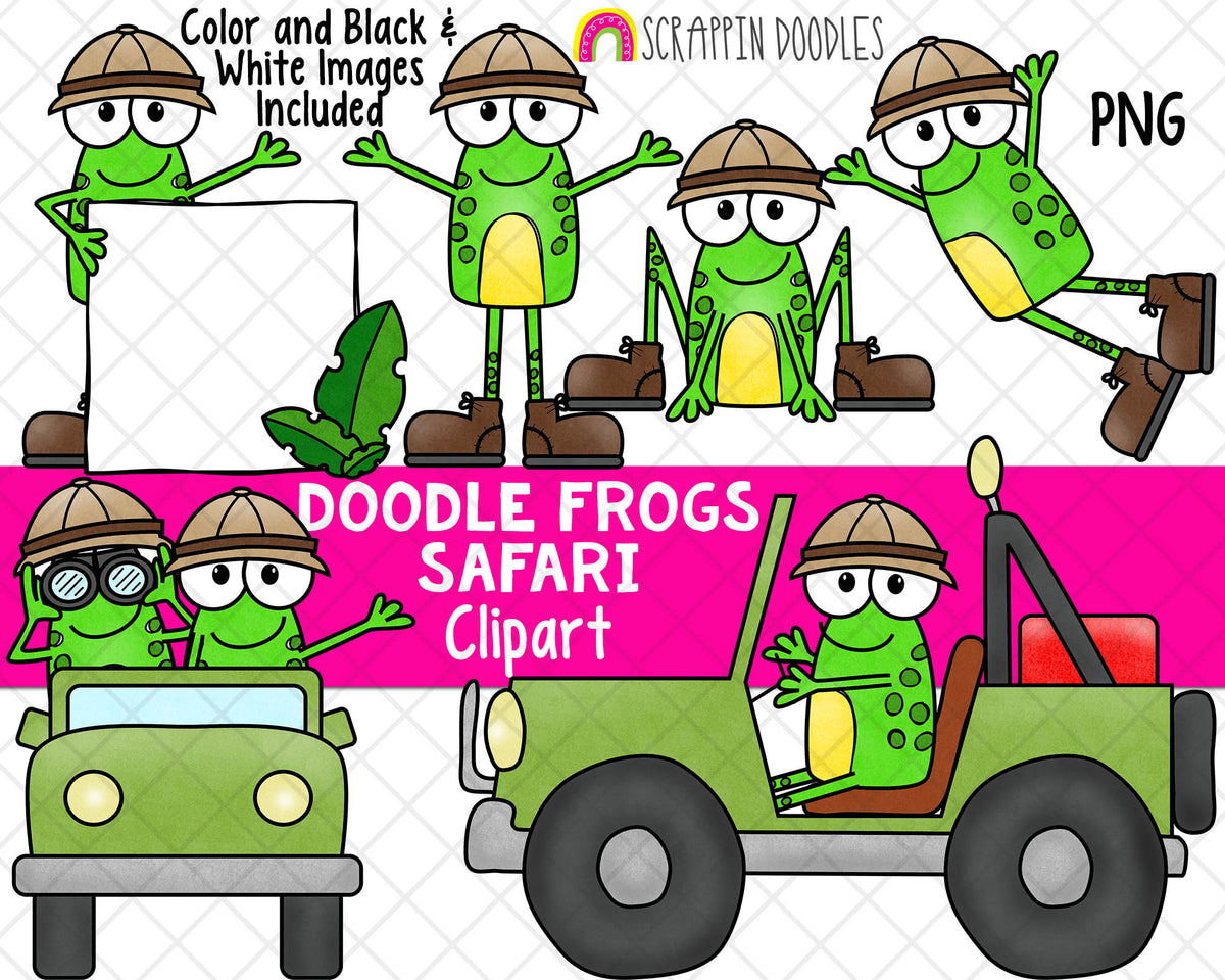 Frogs on Safari ClipArt - Doodle Frogs Safari Clip Art - Jungle Jeep - Cute Frogs