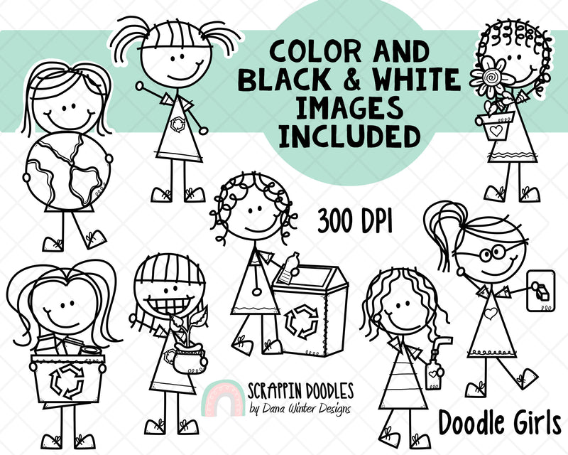 Earth Day Clipart - Doodle Earth Day Girls - Instant Download - Environmental Kids - Reduce Reuse Recycle Graphics - Eco Friendly