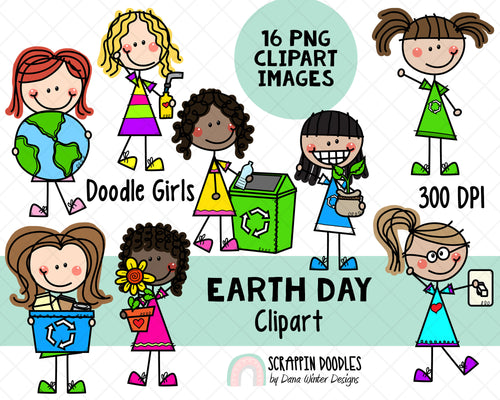 Earth Day Clipart - Doodle Earth Day Girls - Instant Download - Environmental Kids - Reduce Reuse Recycle Graphics - Eco Friendly