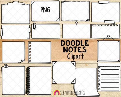 Doodle Notes ClipArt - Hand Doodled Sticky Notes - Black & White Note Boxes Graphics - Commercial Use PNG