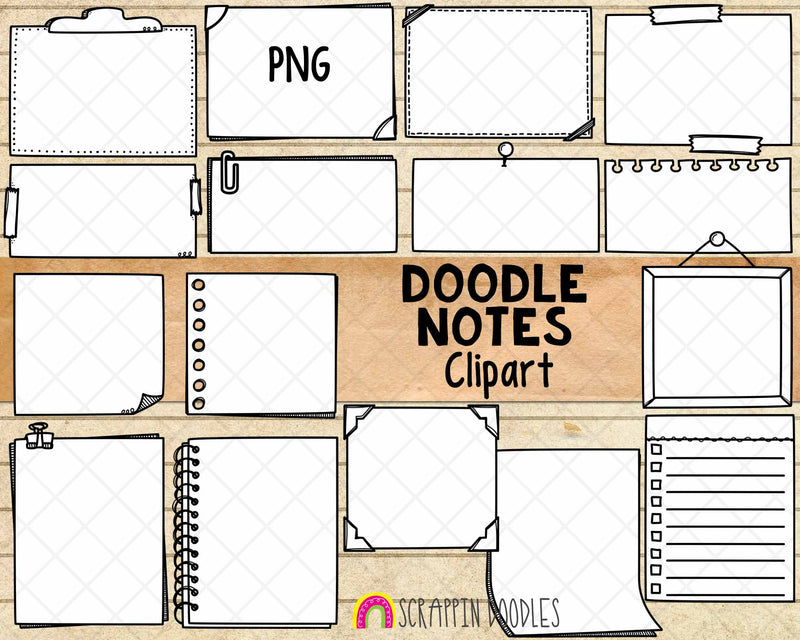 Doodle Notes ClipArt - Hand Doodled Sticky Notes - Black & White Note Boxes Graphics - Commercial Use PNG