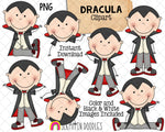 Dracula ClipArt - Vampire - Halloween Graphics - Commercial Use PNG Sublimation Graphics - Included 1 ZIP file - 14 images - Color and 7 Black & White