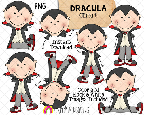 Dracula ClipArt - Vampire - Halloween Graphics - Commercial Use PNG Sublimation Graphics - Included 1 ZIP file - 14 images - Color and 7 Black & White