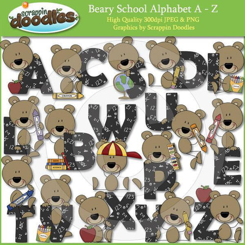 Beary School Alphabet - Cute Bear Letters Clip Art