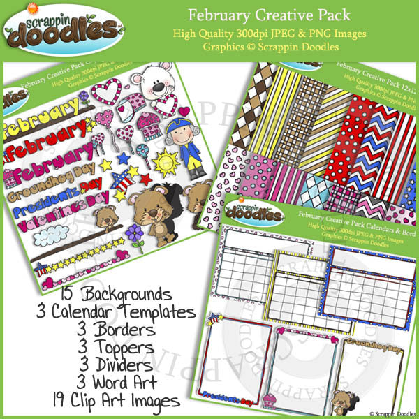 February Creative Pack Clip Art, Backgrounds, Borders & More