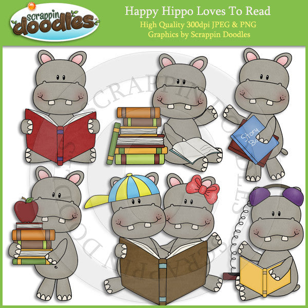 Happy Hippo Loves To Read Clip Art Download