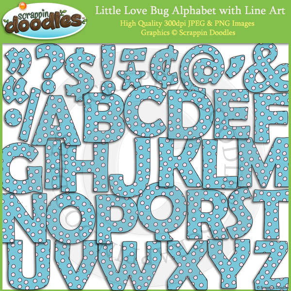 Little Love Bug Alphabet Clip Art with Line Art