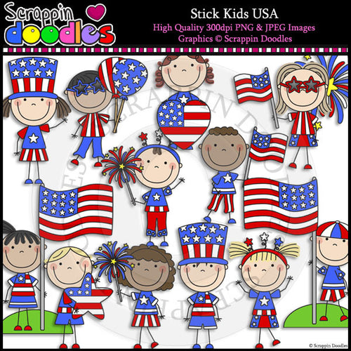 Stick Kids USA Clip Art & Line Art