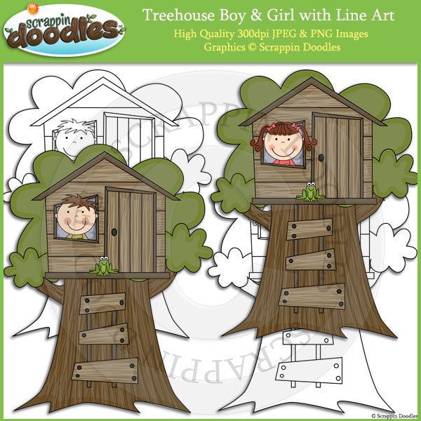 Treehouse Boy & Girl Clip Art and Line Art