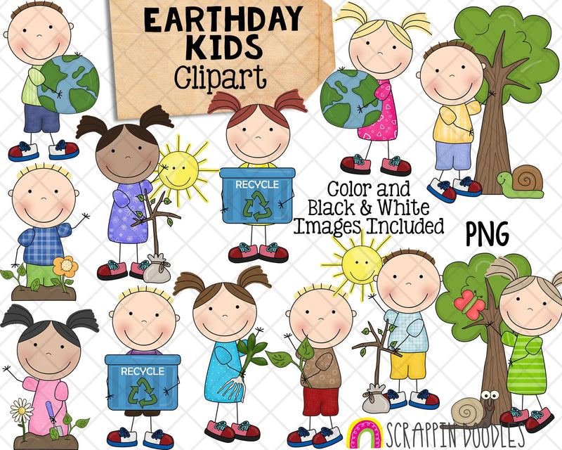 Earth Day Kids Clipart - Stick Kids Save the Earth - Environmental Kids - Reduce Reuse Recycle Graphics - Eco Friendly PNG