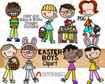 Easter Boys ClipArt - Doodle Boys Easter - Stick Figures - Decorating Eggs - Commercial Use PNG
