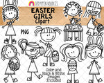 Easter Girls ClipArt - Doodle Girls Easter - Stick Figures - Decorating Eggs - Commercial Use PNG