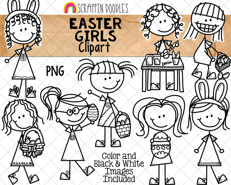 Easter Girls ClipArt - Doodle Girls Easter - Stick Figures - Decorating Eggs - Commercial Use PNG