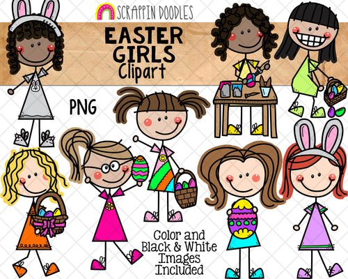 Easter Girls ClipArt - Doodle Girls Easter - Stick Figures - Decorating Eggs - Commercial Use PNG