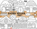 Easter Village Clip Art - Decorated Egg Houses - Easter Bunny Carrot House - Egg Car - Bunny Crossing - Commercial Use - PNG