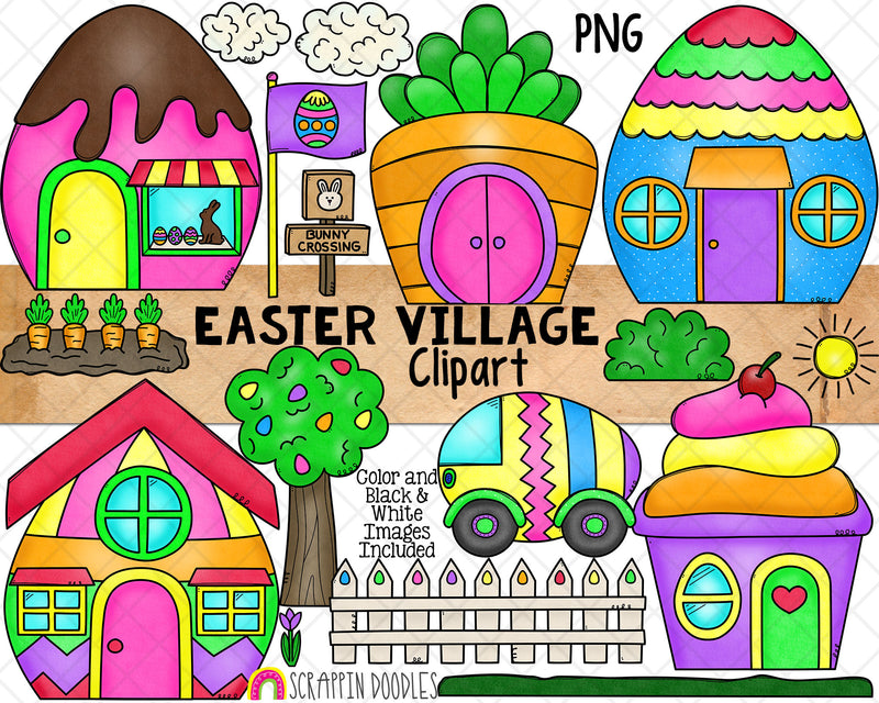 Easter Village Clip Art - Decorated Egg Houses - Easter Bunny Carrot House - Egg Car - Bunny Crossing - Commercial Use - PNG
