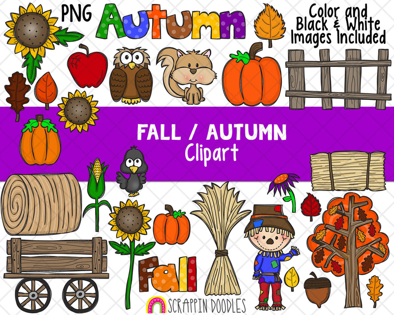 Fall Autumn Clipart - Fall Farm Clipart - Scarecrow - Sunflower Clipart - Owl, Squirrel - Fence Clipart - Hand Drawn PNG