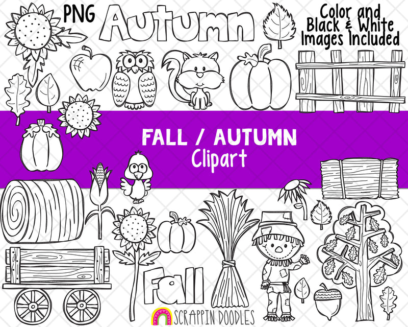 Fall Autumn Clipart - Fall Farm Clipart - Scarecrow - Sunflower Clipart - Owl, Squirrel - Fence Clipart - Hand Drawn PNG