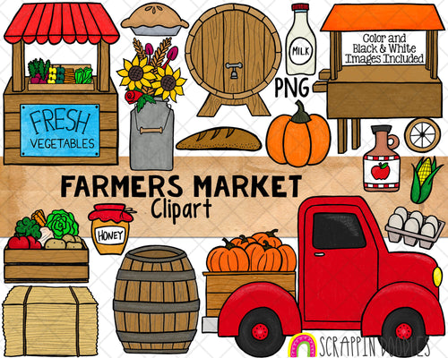 Farmers Market Clip Art - Fall Farm Truck - Autumn Harvest - Vegetables - Sunflowers - Commercial Use PNG