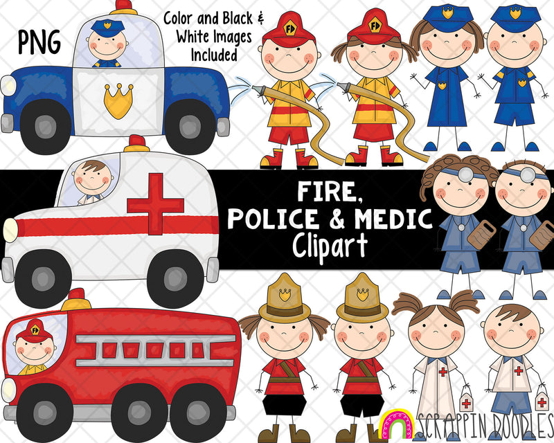 Fire Police and Medic ClipArt - Fire Fighter Clipart - RCMP Clipart - Police Clipart - Medic Clipart - First Responder - Hand Drawn PNG