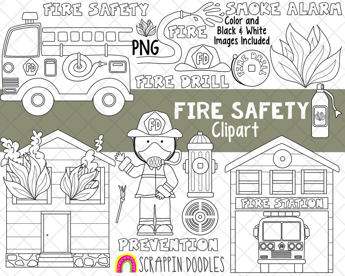 Fire Safety ClipArt - Fire Fighter Clipart - Firetruck Clipart - Smoke Alarm - Fire Drill - Extinguisher - Instant Download - Hand Drawn PNG