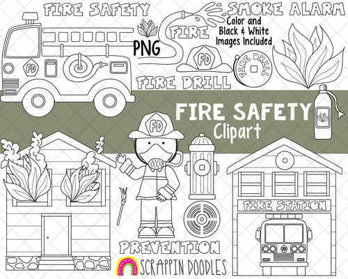 Fire Safety ClipArt - Fire Fighter Clipart - Firetruck Clipart - Smoke Alarm - Fire Drill - Extinguisher - Instant Download - Hand Drawn PNG