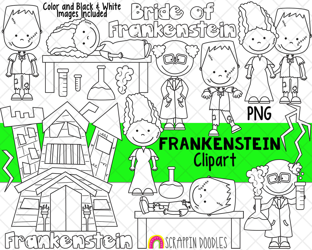 Frankenstein Clip Art - Bride of Frankenstein - Mr & Mrs Frankenstein Clip Art -Halloween Graphics - Haunted House - Digital Clipart