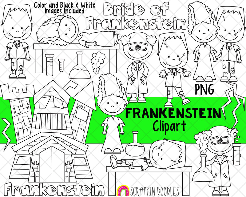 Frankenstein Clip Art - Bride of Frankenstein - Mr & Mrs Frankenstein Clip Art -Halloween Graphics - Haunted House - Digital Clipart