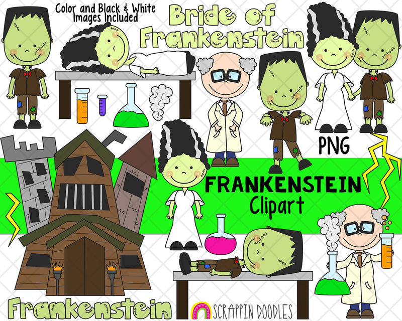Frankenstein Clip Art - Bride of Frankenstein - Mr & Mrs Frankenstein Clip Art -Halloween Graphics - Haunted House - Digital Clipart