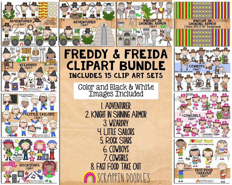 Freddy and Freida ClipArt Bundle includes 15 color and 15 black & white clip art sets.