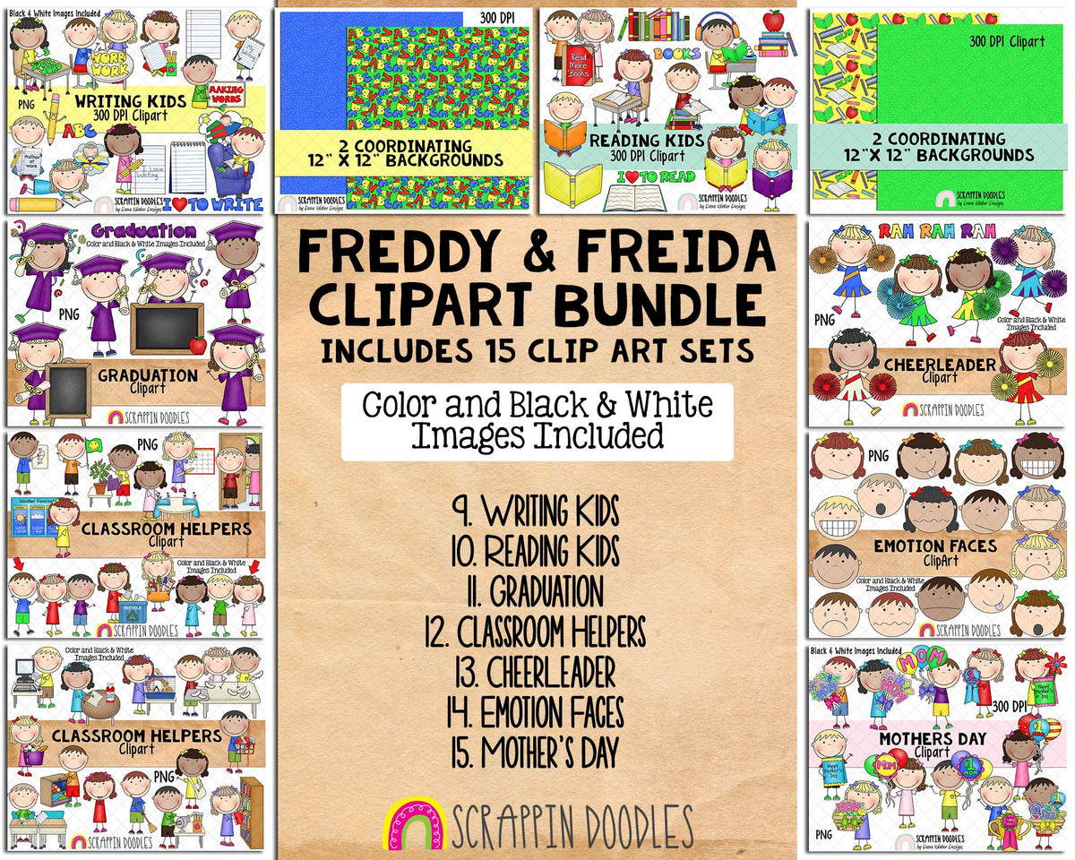 Freddy and Freida ClipArt Bundle includes 15 color and 15 black & white clip art sets.