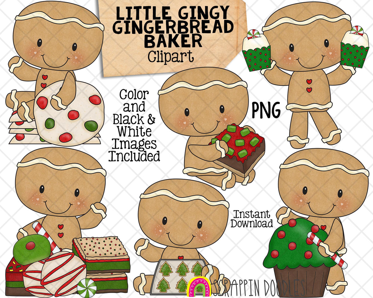 Gingerbread Cookie Clip Art - Little Gingy Baker Clipart - Christmas Cookies - Commercial Use PNG