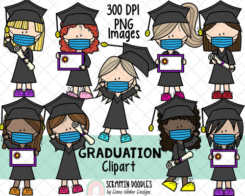 Graduation ClipArt - Graduate Girls - Graduation Girl - Girls Wearing Masks - Graduation Kids in Masks