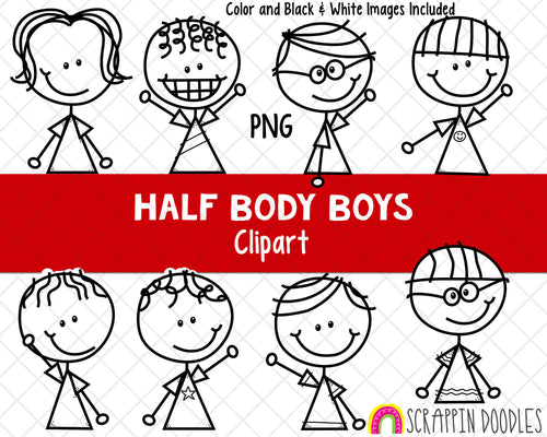 Half Body Clipart - Boys Clipart - Upper Body Boy Clipart - Hand Drawn PNG